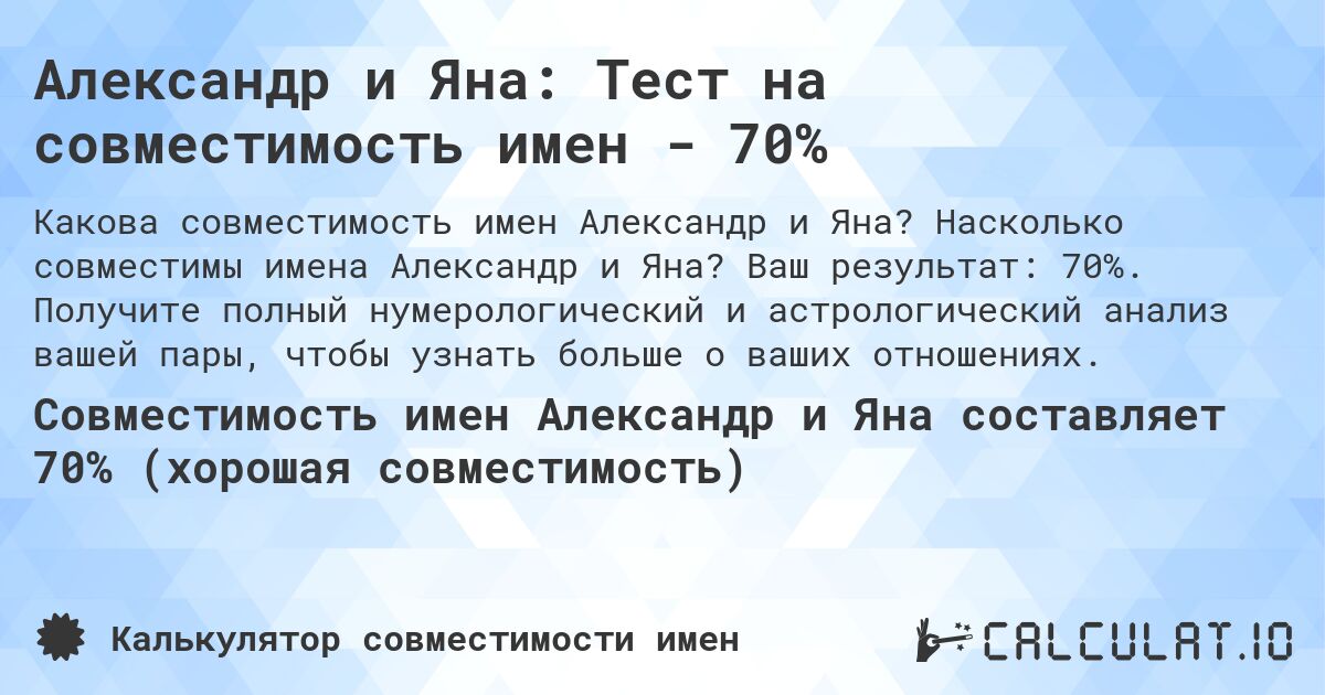 Александр и Яна: Тест на совместимость имен - 70%. Насколько совместимы имена Александр и Яна? Ваш результат: 70%. Получите полный нумерологический и астрологический анализ вашей пары, чтобы узнать больше о ваших отношениях.