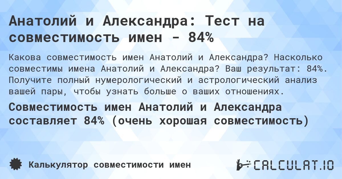 Анатолий и Александра: Тест на совместимость имен - 84%. Насколько совместимы имена Анатолий и Александра? Ваш результат: 84%. Получите полный нумерологический и астрологический анализ вашей пары, чтобы узнать больше о ваших отношениях.