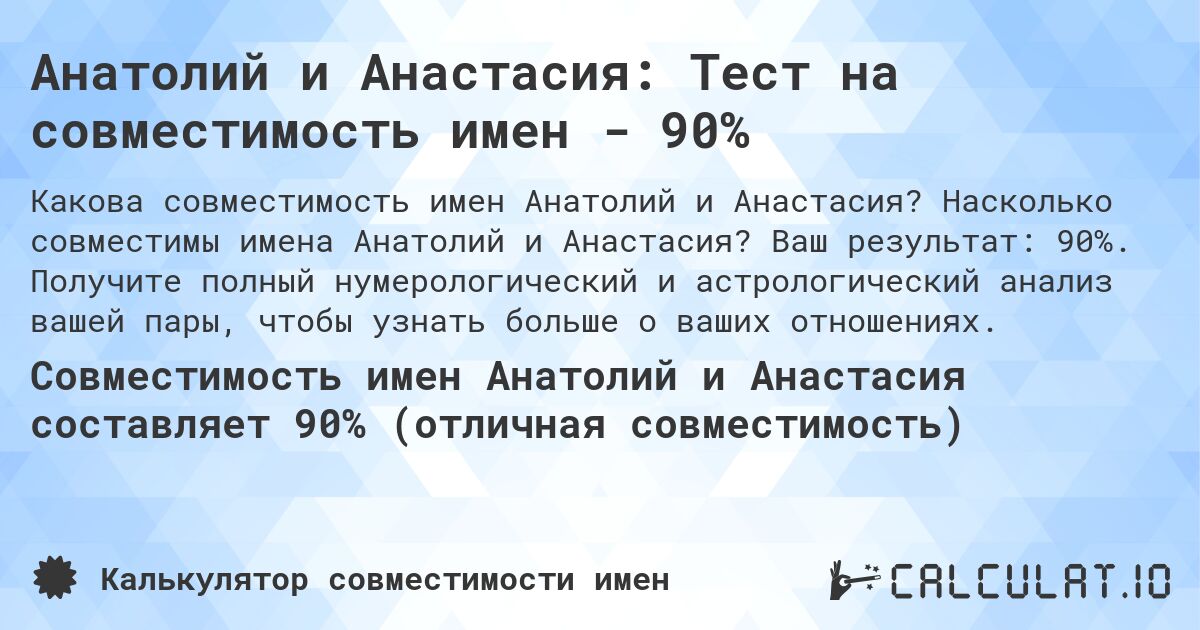 Анатолий и Анастасия: Тест на совместимость имен - 90%. Насколько совместимы имена Анатолий и Анастасия? Ваш результат: 90%. Получите полный нумерологический и астрологический анализ вашей пары, чтобы узнать больше о ваших отношениях.
