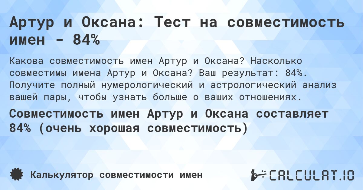 Артур и Оксана: Тест на совместимость имен - 84%. Насколько совместимы имена Артур и Оксана? Ваш результат: 84%. Получите полный нумерологический и астрологический анализ вашей пары, чтобы узнать больше о ваших отношениях.