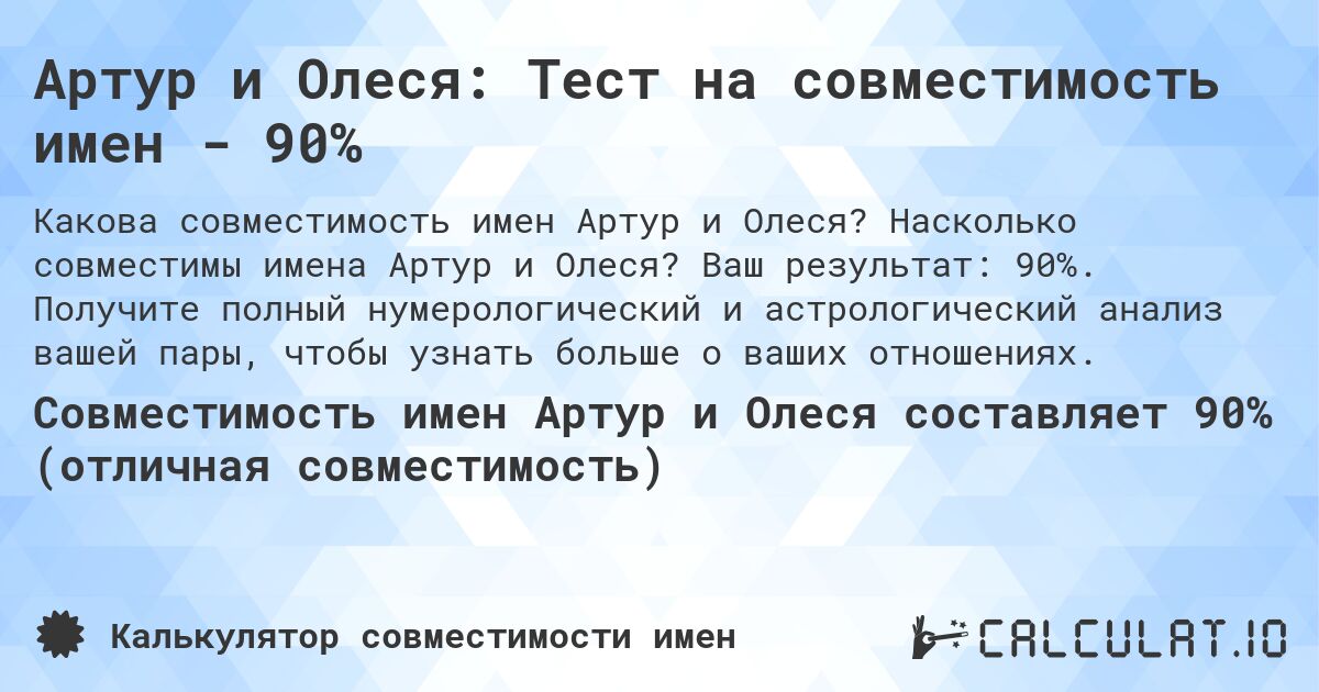 Артур и Олеся: Тест на совместимость имен - 90%. Насколько совместимы имена Артур и Олеся? Ваш результат: 90%. Получите полный нумерологический и астрологический анализ вашей пары, чтобы узнать больше о ваших отношениях.