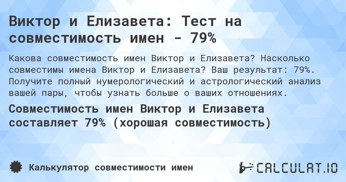 Виктор и Елизавета: Тест на совместимость имен - 79%. Насколько совместимы имена Виктор и Елизавета? Ваш результат: 79%. Получите полный нумерологический и астрологический анализ вашей пары, чтобы узнать больше о ваших отношениях.
