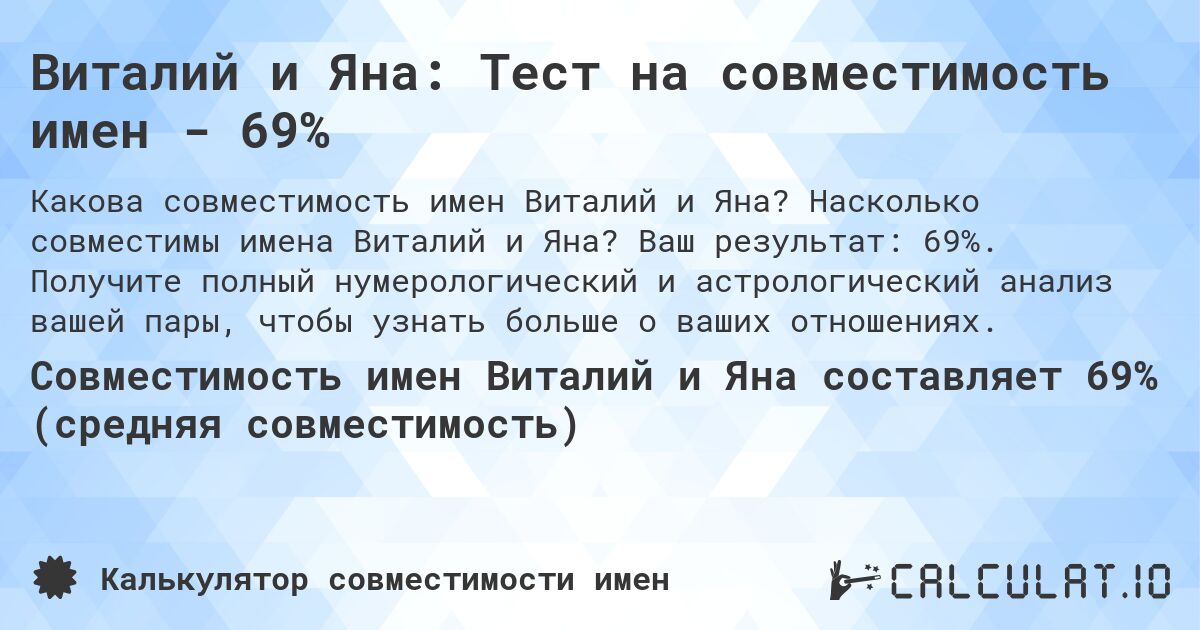 Виталий и Яна: Тест на совместимость имен - 69%. Насколько совместимы имена Виталий и Яна? Ваш результат: 69%. Получите полный нумерологический и астрологический анализ вашей пары, чтобы узнать больше о ваших отношениях.
