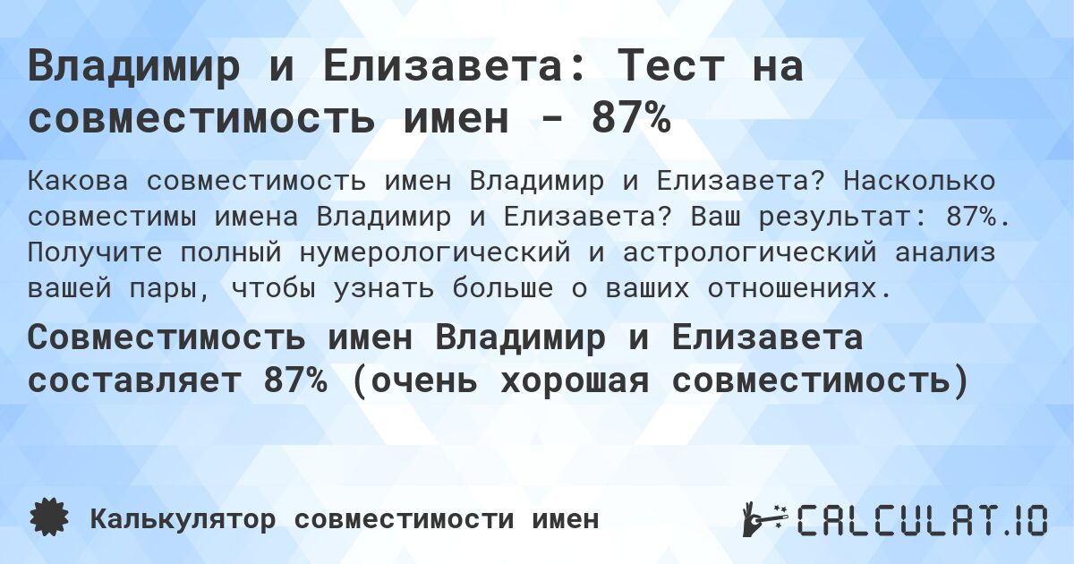 Владимир и Елизавета: Тест на совместимость имен - 87%. Насколько совместимы имена Владимир и Елизавета? Ваш результат: 87%. Получите полный нумерологический и астрологический анализ вашей пары, чтобы узнать больше о ваших отношениях.