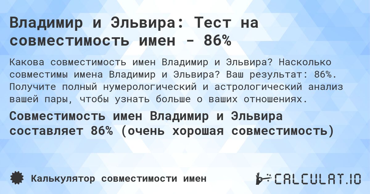 Владимир и Эльвира: Тест на совместимость имен - 86%. Насколько совместимы имена Владимир и Эльвира? Ваш результат: 86%. Получите полный нумерологический и астрологический анализ вашей пары, чтобы узнать больше о ваших отношениях.