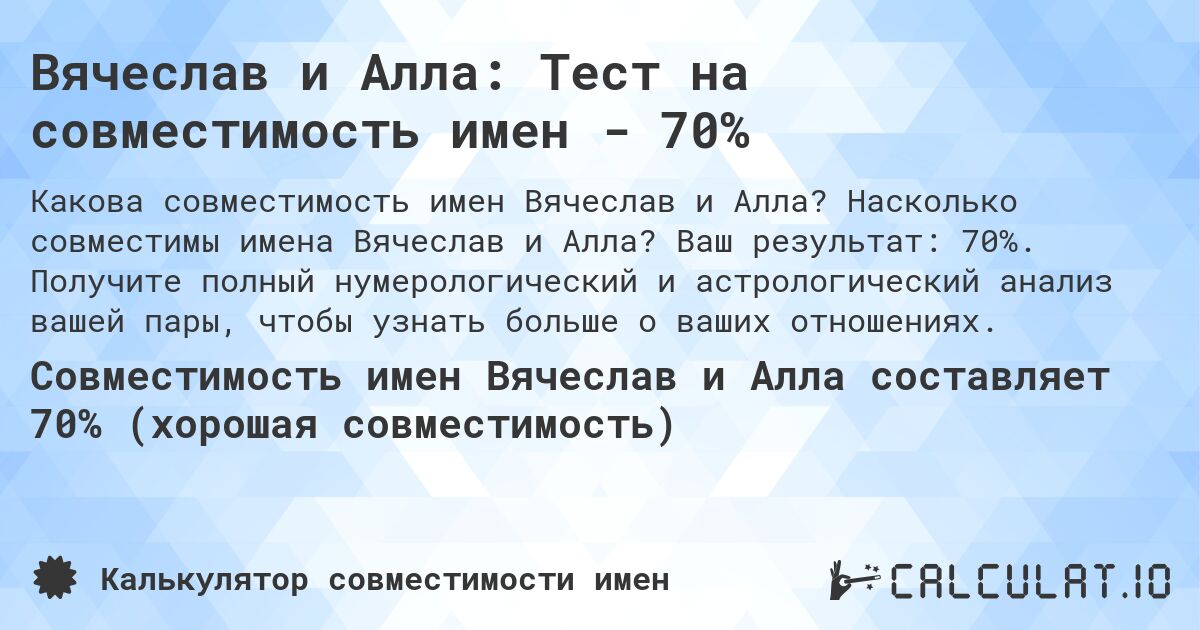 Вячеслав и Алла: Тест на совместимость имен - 70%. Насколько совместимы имена Вячеслав и Алла? Ваш результат: 70%. Получите полный нумерологический и астрологический анализ вашей пары, чтобы узнать больше о ваших отношениях.