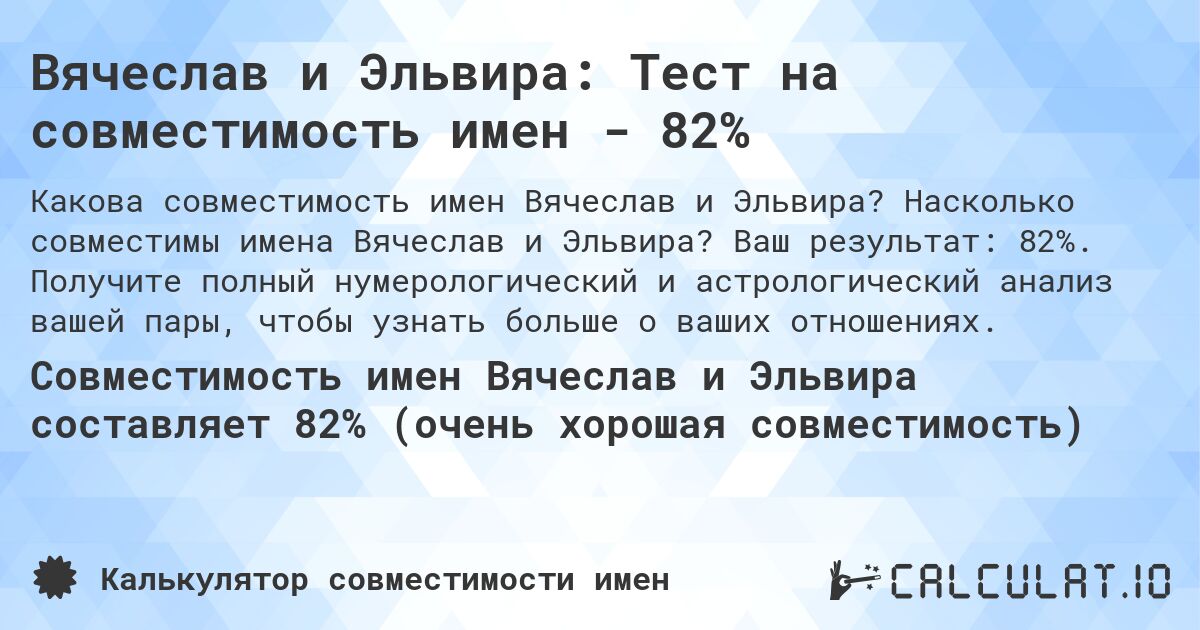 Вячеслав и Эльвира: Тест на совместимость имен - 82%. Насколько совместимы имена Вячеслав и Эльвира? Ваш результат: 82%. Получите полный нумерологический и астрологический анализ вашей пары, чтобы узнать больше о ваших отношениях.