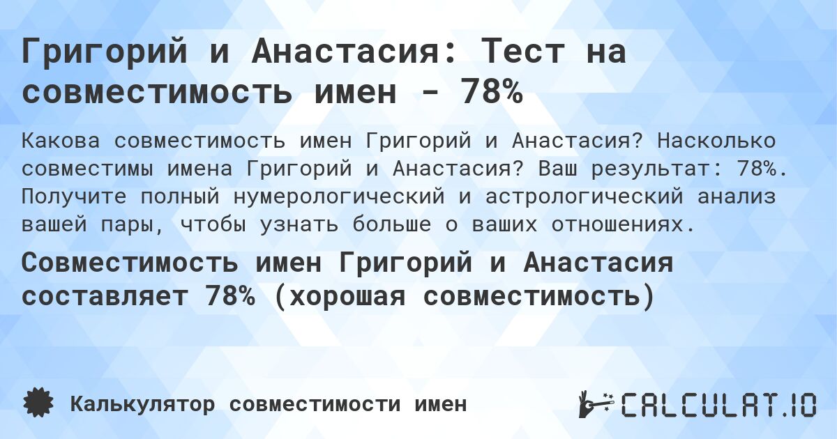 Григорий и Анастасия: Тест на совместимость имен - 78%. Насколько совместимы имена Григорий и Анастасия? Ваш результат: 78%. Получите полный нумерологический и астрологический анализ вашей пары, чтобы узнать больше о ваших отношениях.