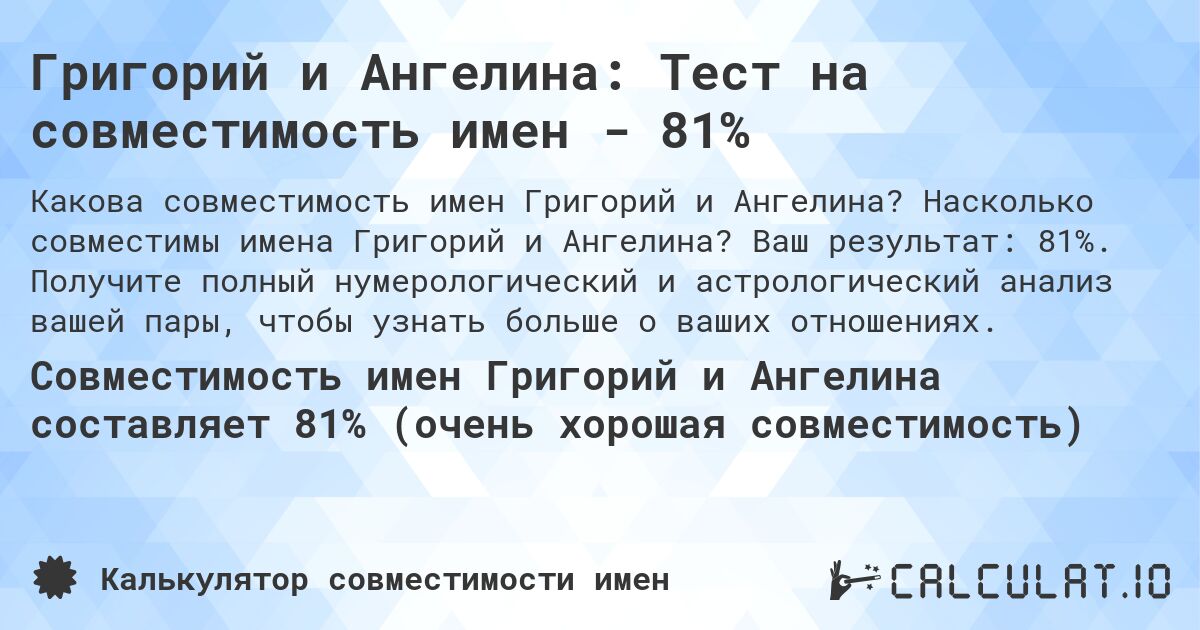 Григорий и Ангелина: Тест на совместимость имен - 81%. Насколько совместимы имена Григорий и Ангелина? Ваш результат: 81%. Получите полный нумерологический и астрологический анализ вашей пары, чтобы узнать больше о ваших отношениях.