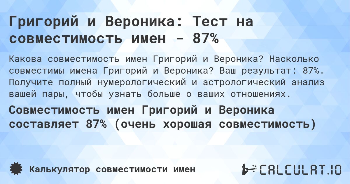 Григорий и Вероника: Тест на совместимость имен - 87%. Насколько совместимы имена Григорий и Вероника? Ваш результат: 87%. Получите полный нумерологический и астрологический анализ вашей пары, чтобы узнать больше о ваших отношениях.