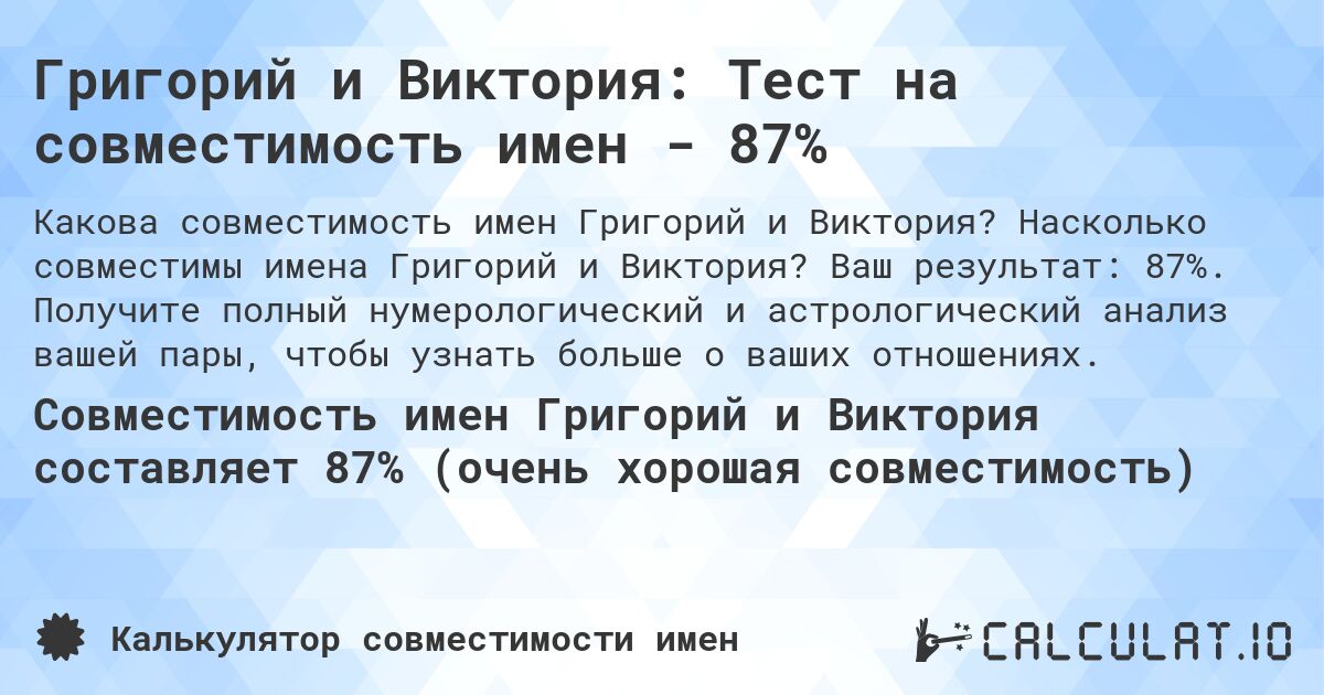 Григорий и Виктория: Тест на совместимость имен - 87%. Насколько совместимы имена Григорий и Виктория? Ваш результат: 87%. Получите полный нумерологический и астрологический анализ вашей пары, чтобы узнать больше о ваших отношениях.