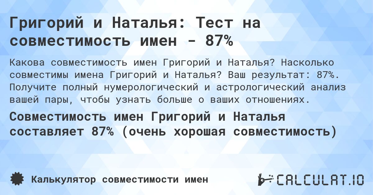 Григорий и Наталья: Тест на совместимость имен - 87%. Насколько совместимы имена Григорий и Наталья? Ваш результат: 87%. Получите полный нумерологический и астрологический анализ вашей пары, чтобы узнать больше о ваших отношениях.