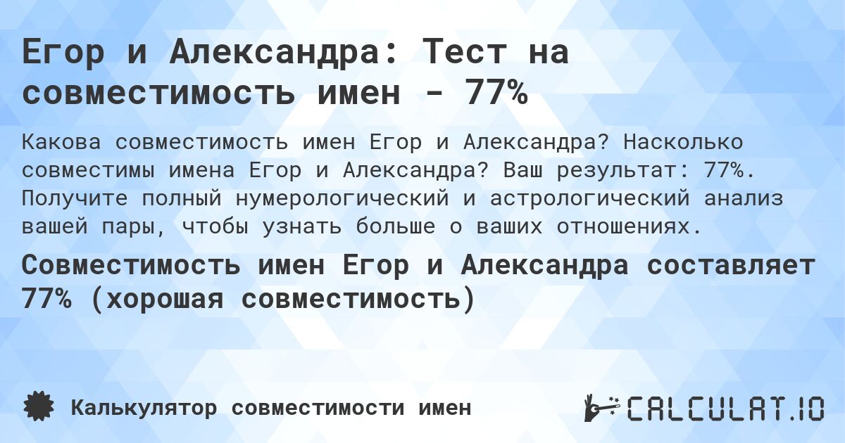 Егор и Александра: Тест на совместимость имен - 77%. Насколько совместимы имена Егор и Александра? Ваш результат: 77%. Получите полный нумерологический и астрологический анализ вашей пары, чтобы узнать больше о ваших отношениях.