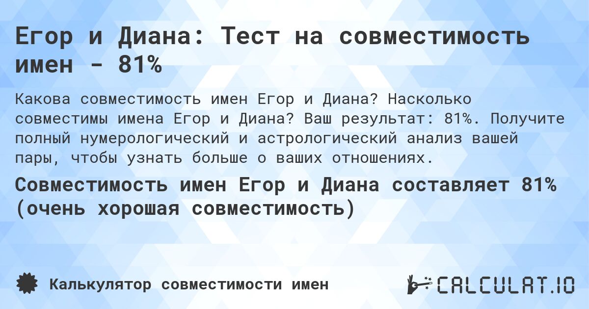Егор и Диана: Тест на совместимость имен - 81%. Насколько совместимы имена Егор и Диана? Ваш результат: 81%. Получите полный нумерологический и астрологический анализ вашей пары, чтобы узнать больше о ваших отношениях.