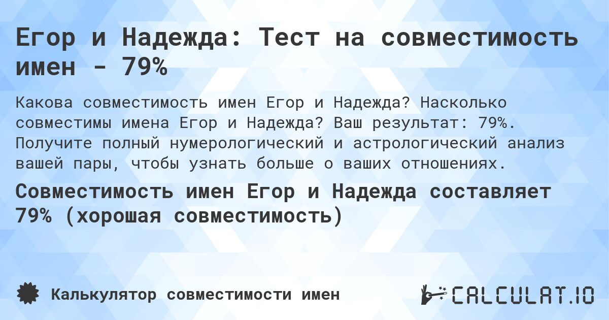 Егор и Надежда: Тест на совместимость имен - 79%. Насколько совместимы имена Егор и Надежда? Ваш результат: 79%. Получите полный нумерологический и астрологический анализ вашей пары, чтобы узнать больше о ваших отношениях.