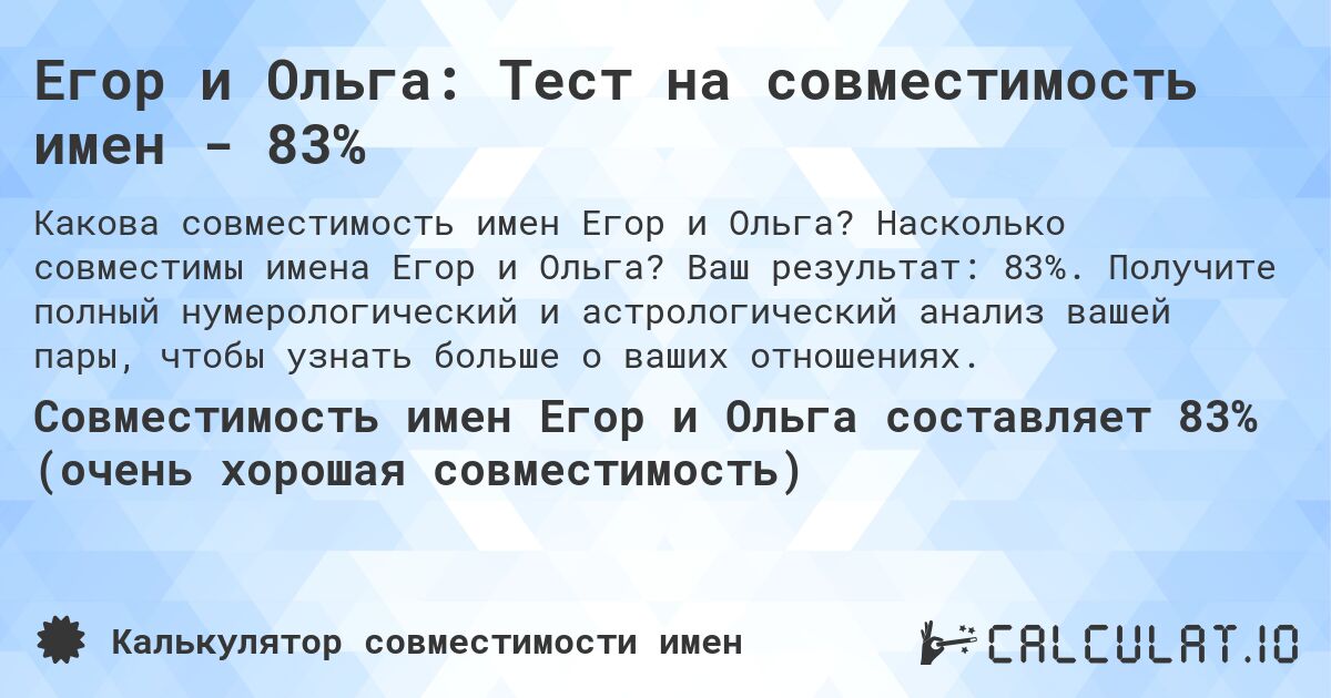 Егор и Ольга: Тест на совместимость имен - 83%. Насколько совместимы имена Егор и Ольга? Ваш результат: 83%. Получите полный нумерологический и астрологический анализ вашей пары, чтобы узнать больше о ваших отношениях.