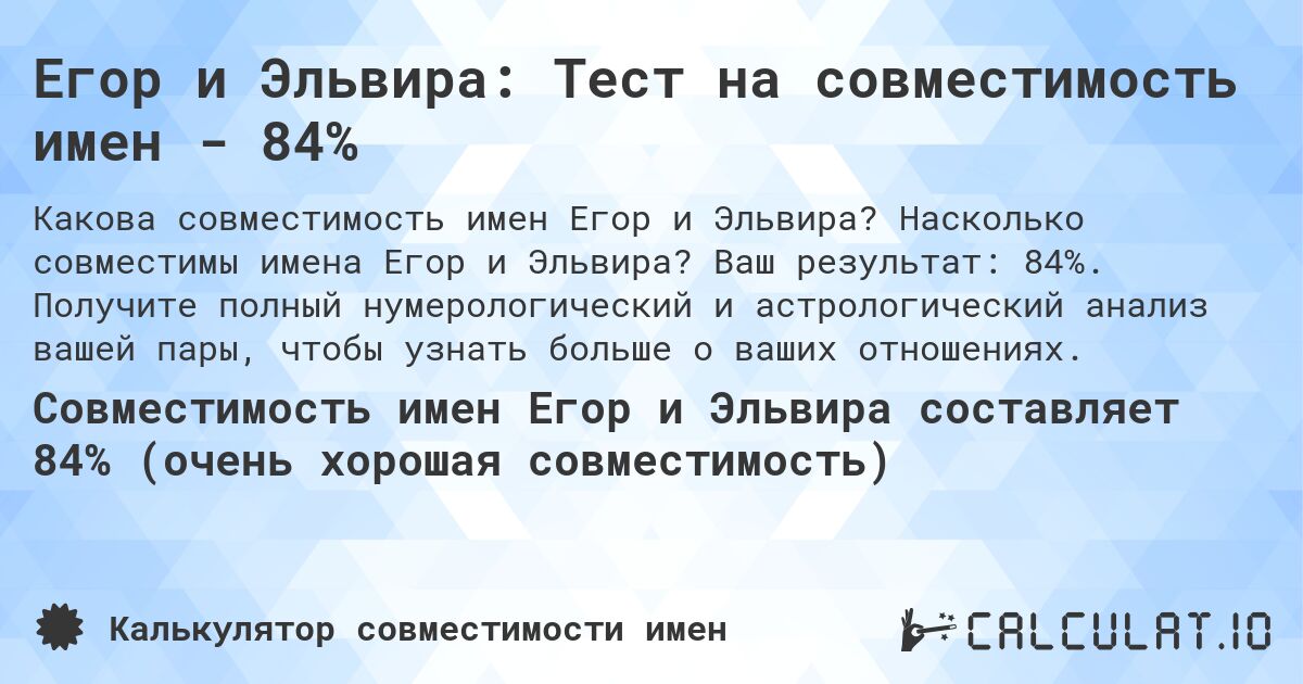 Егор и Эльвира: Тест на совместимость имен - 84%. Насколько совместимы имена Егор и Эльвира? Ваш результат: 84%. Получите полный нумерологический и астрологический анализ вашей пары, чтобы узнать больше о ваших отношениях.