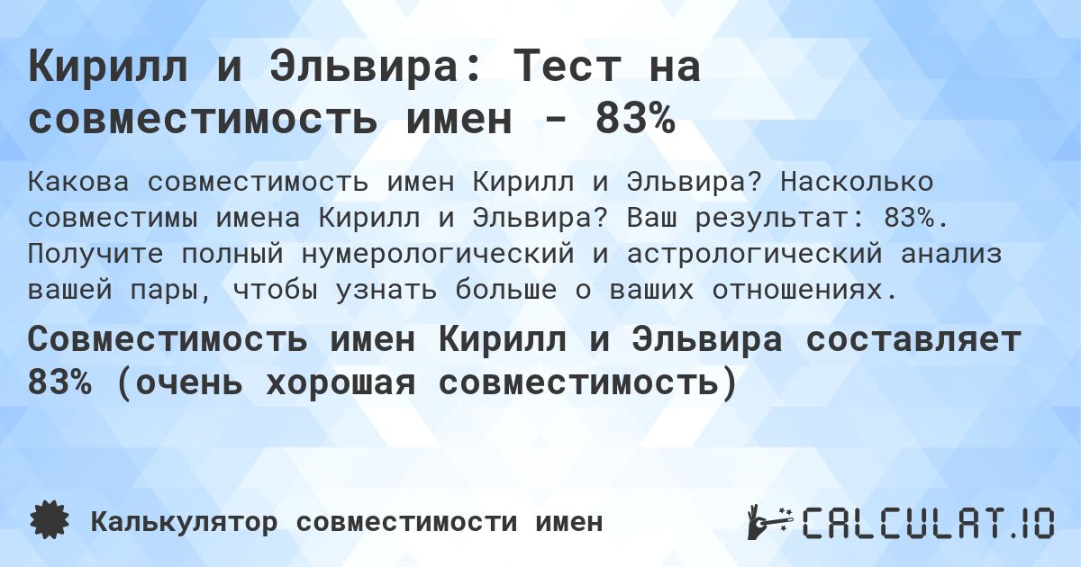 Кирилл и Эльвира: Тест на совместимость имен - 83%. Насколько совместимы имена Кирилл и Эльвира? Ваш результат: 83%. Получите полный нумерологический и астрологический анализ вашей пары, чтобы узнать больше о ваших отношениях.