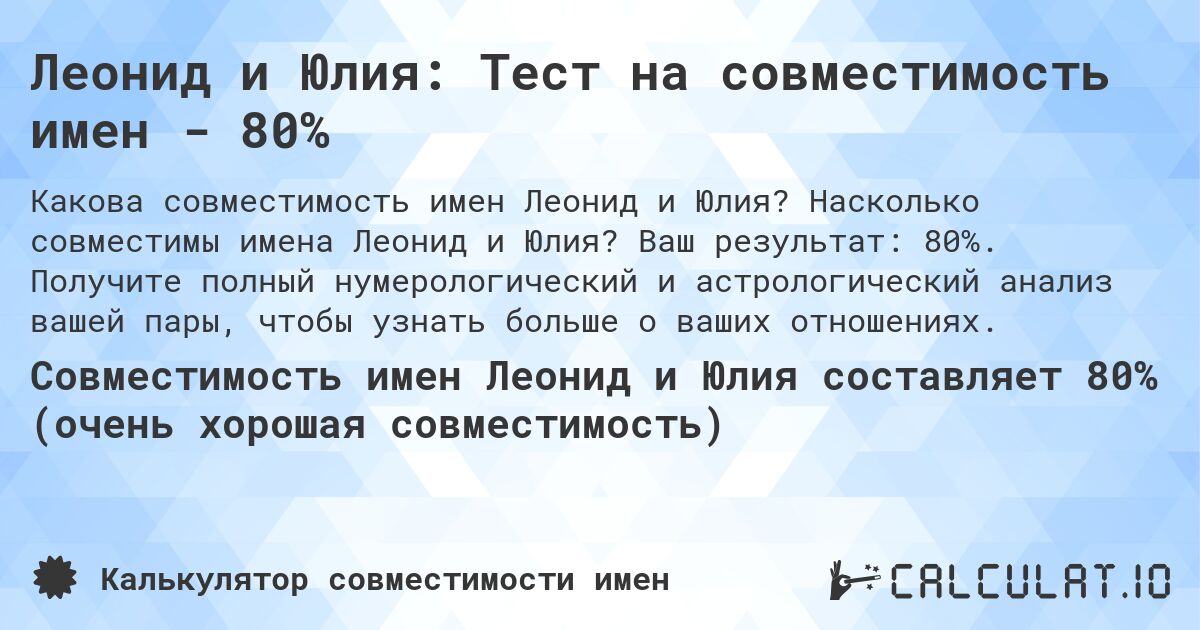 Леонид и Юлия: Тест на совместимость имен - 80%. Насколько совместимы имена Леонид и Юлия? Ваш результат: 80%. Получите полный нумерологический и астрологический анализ вашей пары, чтобы узнать больше о ваших отношениях.