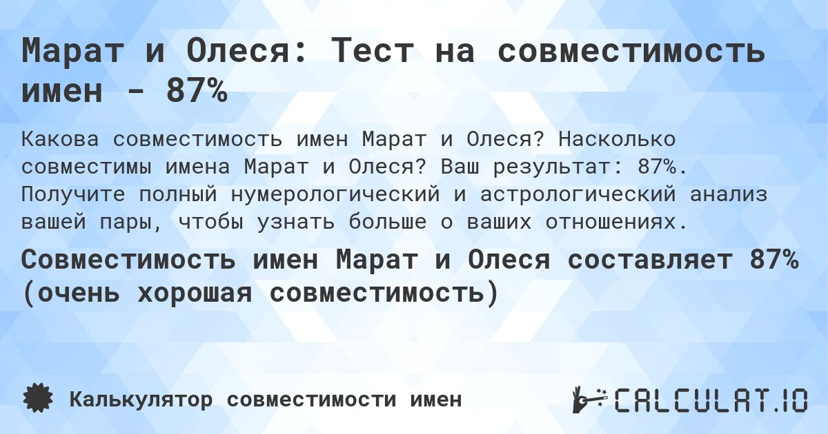 Марат и Олеся: Тест на совместимость имен - 87%. Насколько совместимы имена Марат и Олеся? Ваш результат: 87%. Получите полный нумерологический и астрологический анализ вашей пары, чтобы узнать больше о ваших отношениях.