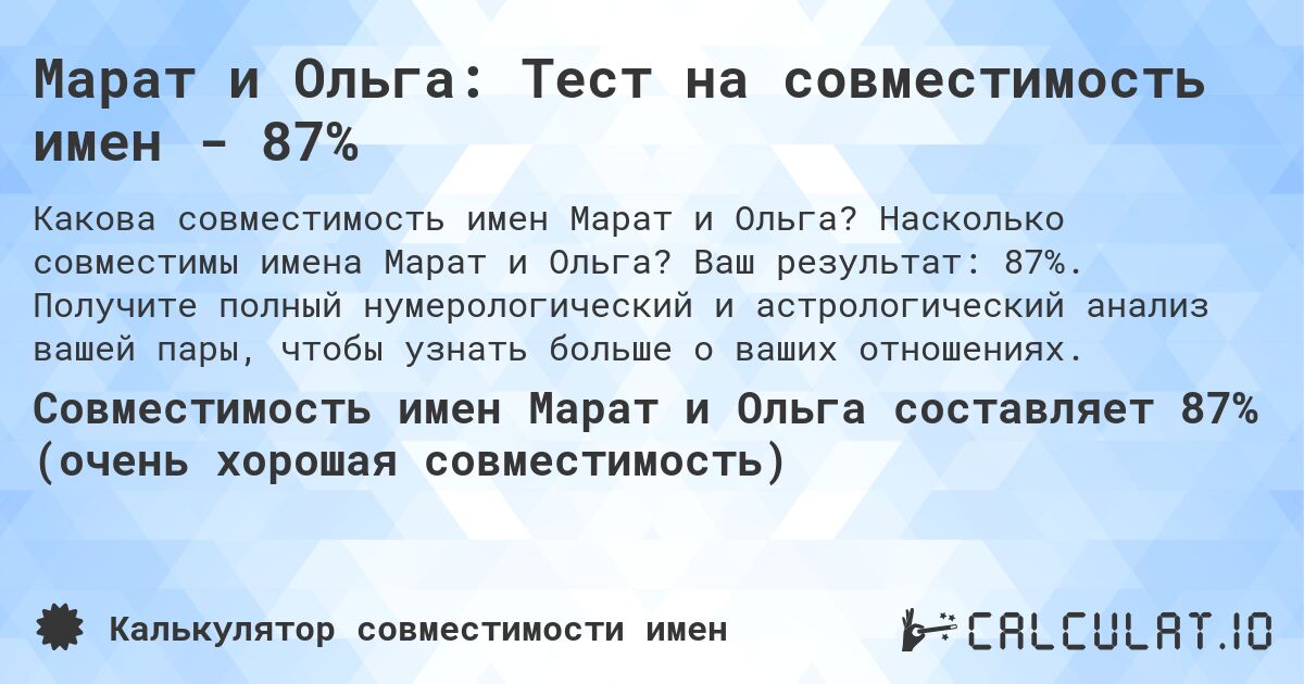 Марат и Ольга: Тест на совместимость имен - 87%. Насколько совместимы имена Марат и Ольга? Ваш результат: 87%. Получите полный нумерологический и астрологический анализ вашей пары, чтобы узнать больше о ваших отношениях.