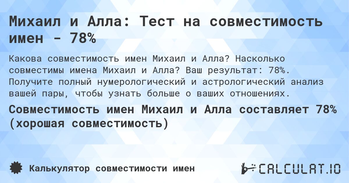 Михаил и Алла: Тест на совместимость имен - 78%. Насколько совместимы имена Михаил и Алла? Ваш результат: 78%. Получите полный нумерологический и астрологический анализ вашей пары, чтобы узнать больше о ваших отношениях.