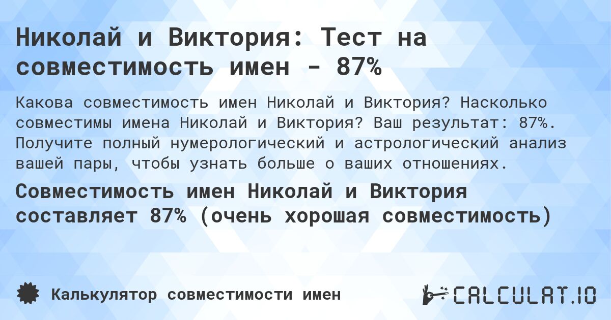 Николай и Виктория: Тест на совместимость имен - 87%. Насколько совместимы имена Николай и Виктория? Ваш результат: 87%. Получите полный нумерологический и астрологический анализ вашей пары, чтобы узнать больше о ваших отношениях.