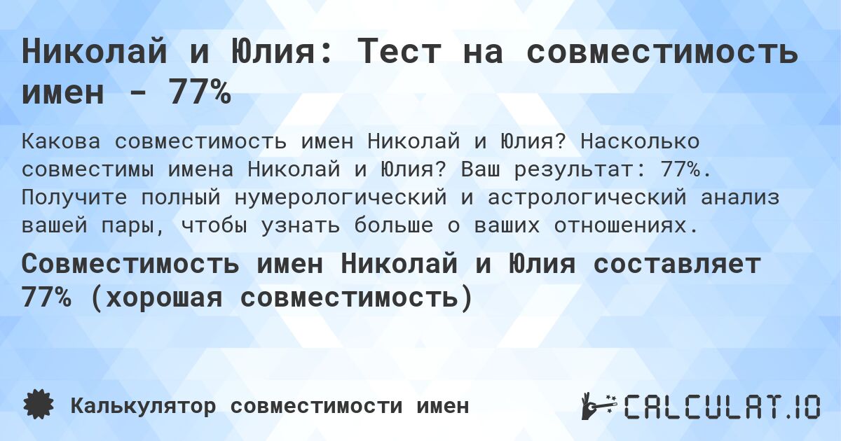Николай и Юлия: Тест на совместимость имен - 77%. Насколько совместимы имена Николай и Юлия? Ваш результат: 77%. Получите полный нумерологический и астрологический анализ вашей пары, чтобы узнать больше о ваших отношениях.