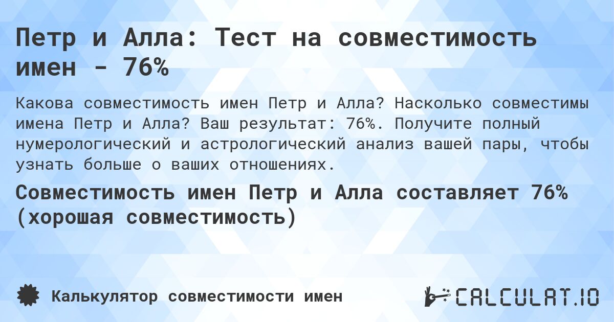 Петр и Алла: Тест на совместимость имен - 76%. Насколько совместимы имена Петр и Алла? Ваш результат: 76%. Получите полный нумерологический и астрологический анализ вашей пары, чтобы узнать больше о ваших отношениях.