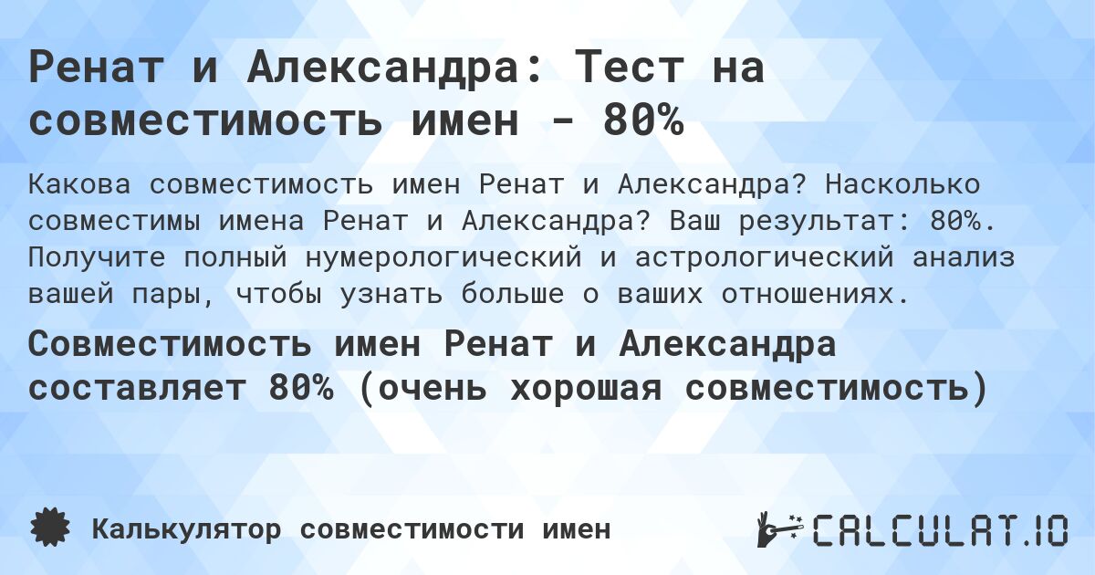 Ренат и Александра: Тест на совместимость имен - 80%. Насколько совместимы имена Ренат и Александра? Ваш результат: 80%. Получите полный нумерологический и астрологический анализ вашей пары, чтобы узнать больше о ваших отношениях.