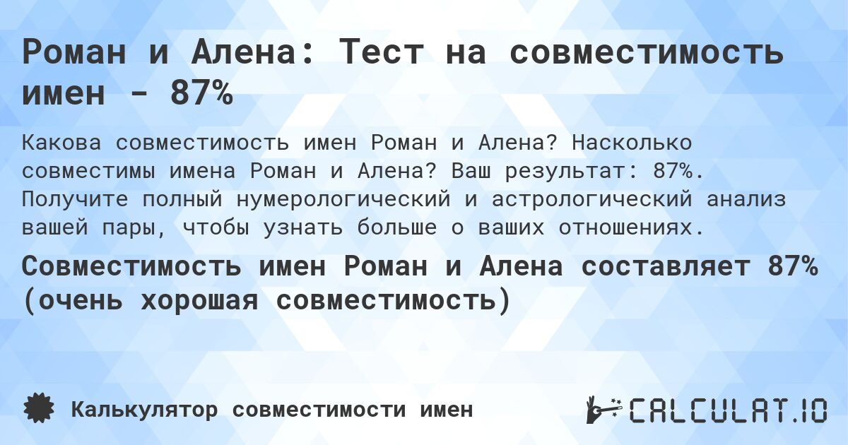 Роман и Алена: Тест на совместимость имен - 87%. Насколько совместимы имена Роман и Алена? Ваш результат: 87%. Получите полный нумерологический и астрологический анализ вашей пары, чтобы узнать больше о ваших отношениях.
