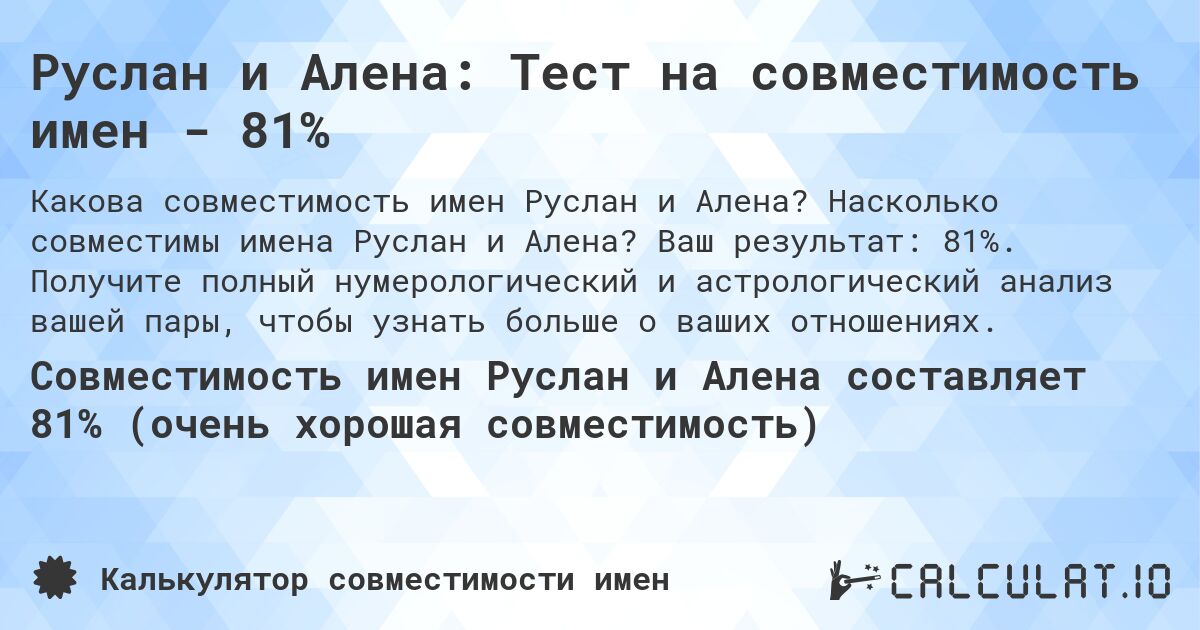 Руслан и Алена: Тест на совместимость имен - 81%. Насколько совместимы имена Руслан и Алена? Ваш результат: 81%. Получите полный нумерологический и астрологический анализ вашей пары, чтобы узнать больше о ваших отношениях.