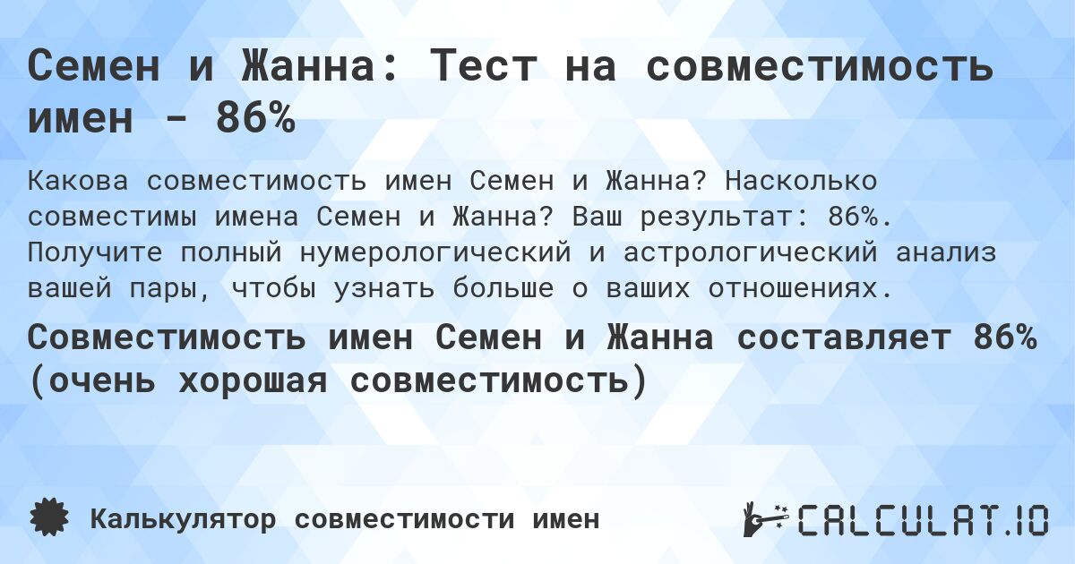 Семен и Жанна: Тест на совместимость имен - 86%. Насколько совместимы имена Семен и Жанна? Ваш результат: 86%. Получите полный нумерологический и астрологический анализ вашей пары, чтобы узнать больше о ваших отношениях.