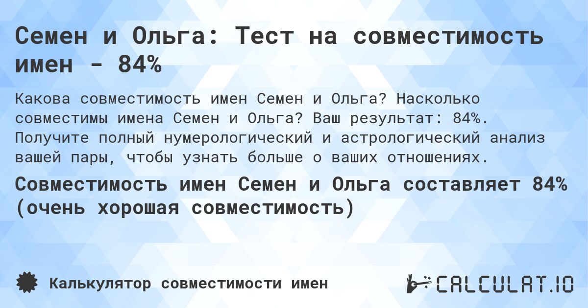 Семен и Ольга: Тест на совместимость имен - 84%. Насколько совместимы имена Семен и Ольга? Ваш результат: 84%. Получите полный нумерологический и астрологический анализ вашей пары, чтобы узнать больше о ваших отношениях.