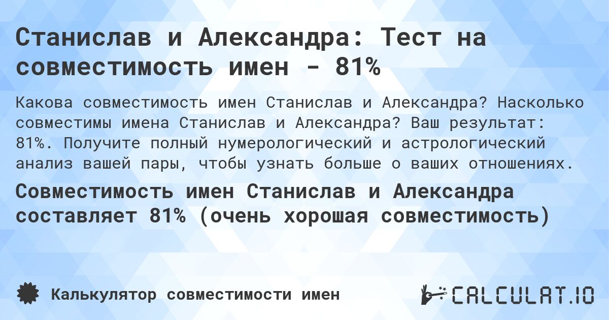 Станислав и Александра: Тест на совместимость имен - 81%. Насколько совместимы имена Станислав и Александра? Ваш результат: 81%. Получите полный нумерологический и астрологический анализ вашей пары, чтобы узнать больше о ваших отношениях.