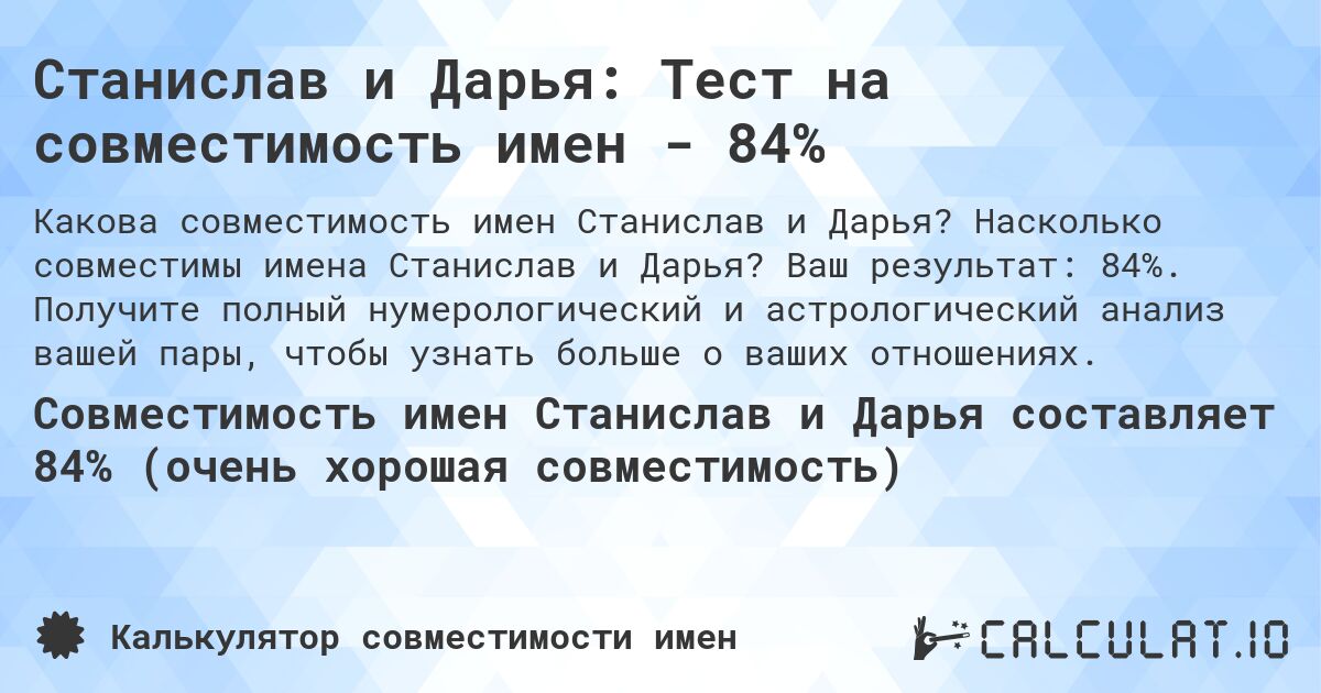 Станислав и Дарья: Тест на совместимость имен - 84%. Насколько совместимы имена Станислав и Дарья? Ваш результат: 84%. Получите полный нумерологический и астрологический анализ вашей пары, чтобы узнать больше о ваших отношениях.