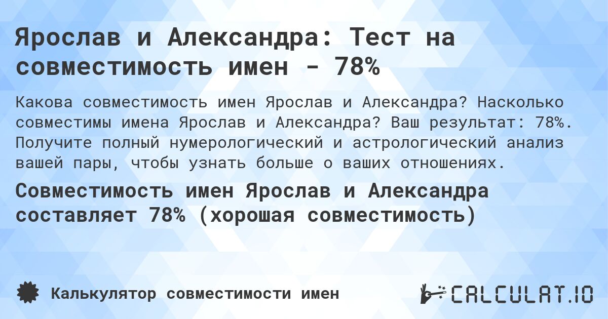 Ярослав и Александра: Тест на совместимость имен - 78%. Насколько совместимы имена Ярослав и Александра? Ваш результат: 78%. Получите полный нумерологический и астрологический анализ вашей пары, чтобы узнать больше о ваших отношениях.
