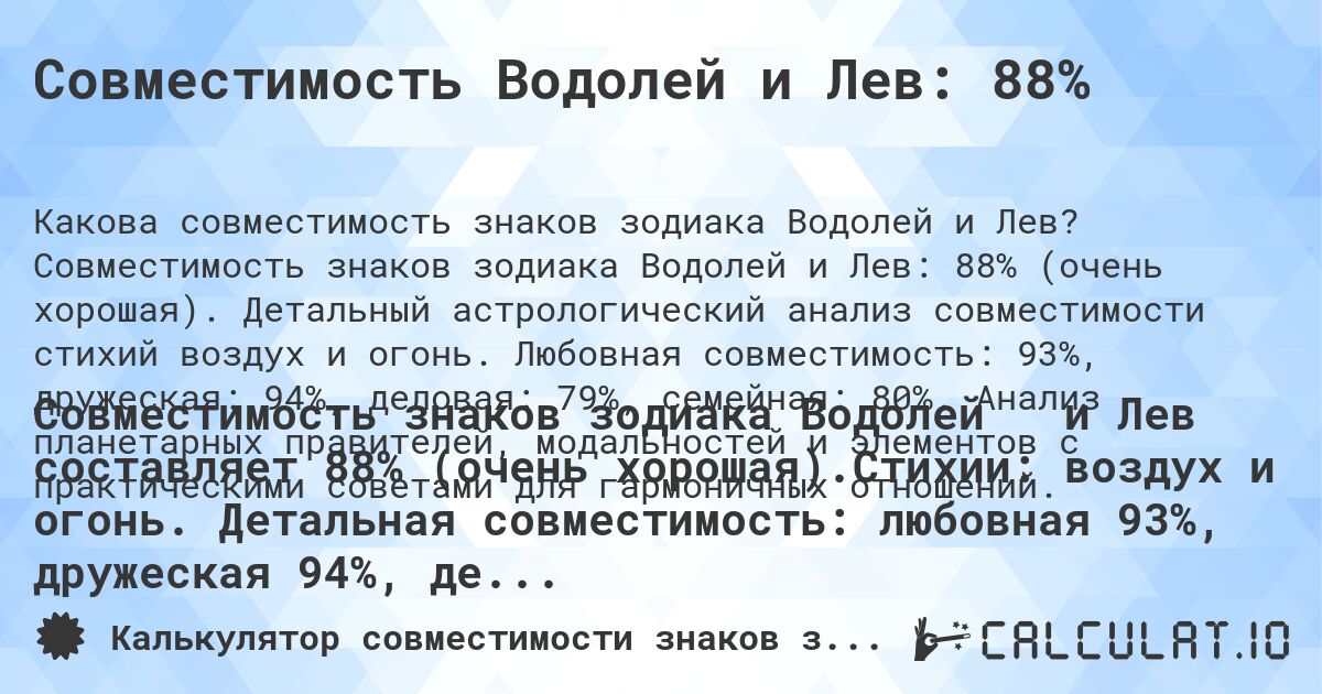 Совместимость Водолей и Лев: 88%. Совместимость знаков зодиака Водолей и Лев: 88% (очень хорошая). Детальный астрологический анализ совместимости стихий воздух и огонь. Любовная совместимость: 93%, дружеская: 94%, деловая: 79%, семейная: 80%. Анализ планетарных правителей, модальностей и элементов с практическими советами для гармоничных отношений.