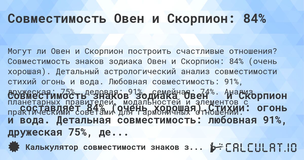 Совместимость Овен и Скорпион: 84%. Совместимость знаков зодиака Овен и Скорпион: 84% (очень хорошая). Детальный астрологический анализ совместимости стихий огонь и вода. Любовная совместимость: 91%, дружеская: 75%, деловая: 91%, семейная: 74%. Анализ планетарных правителей, модальностей и элементов с практическими советами для гармоничных отношений.