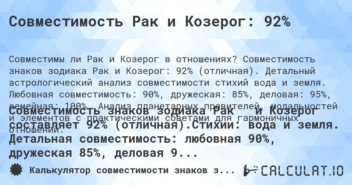 Совместимость Рак и Козерог: 92%. Совместимость знаков зодиака Рак и Козерог: 92% (отличная). Детальный астрологический анализ совместимости стихий вода и земля. Любовная совместимость: 90%, дружеская: 85%, деловая: 95%, семейная: 100%. Анализ планетарных правителей, модальностей и элементов с практическими советами для гармоничных отношений.