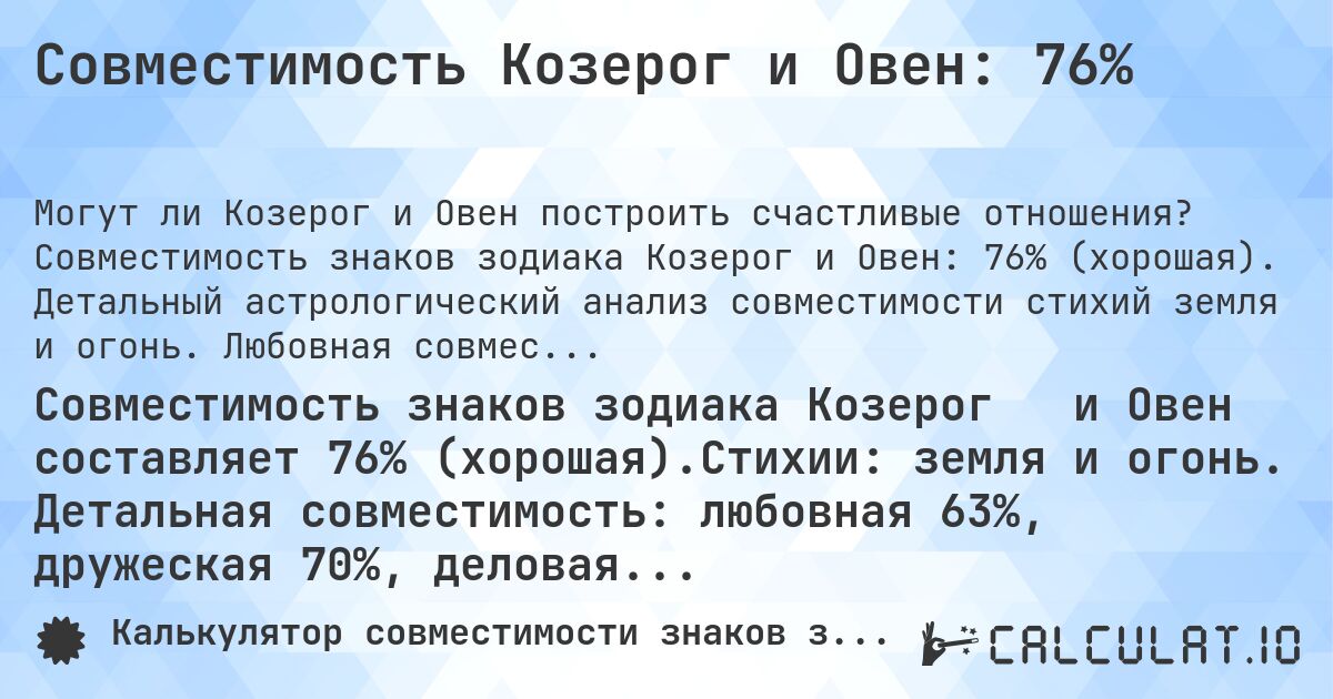 Совместимость Козерог и Овен: 76%. Совместимость знаков зодиака Козерог и Овен: 76% (хорошая). Детальный астрологический анализ совместимости стихий земля и огонь. Любовная совместимость: 63%, дружеская: 70%, деловая: 100%, семейная: 80%. Анализ планетарных правителей, модальностей и элементов с практическими советами для гармоничных отношений.