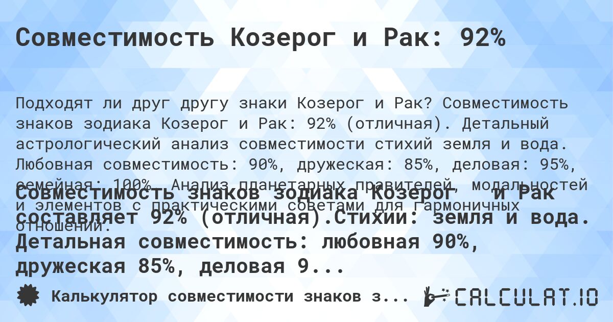 Совместимость Козерог и Рак: 92%. Совместимость знаков зодиака Козерог и Рак: 92% (отличная). Детальный астрологический анализ совместимости стихий земля и вода. Любовная совместимость: 90%, дружеская: 85%, деловая: 95%, семейная: 100%. Анализ планетарных правителей, модальностей и элементов с практическими советами для гармоничных отношений.