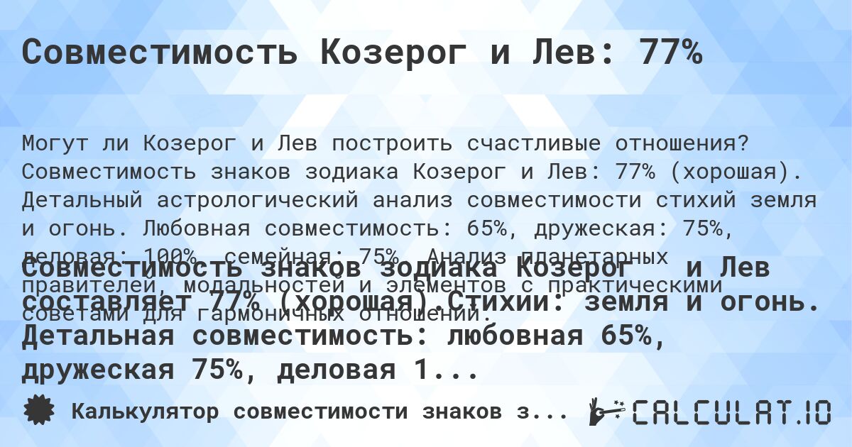Совместимость Козерог и Лев: 77%. Совместимость знаков зодиака Козерог и Лев: 77% (хорошая). Детальный астрологический анализ совместимости стихий земля и огонь. Любовная совместимость: 65%, дружеская: 75%, деловая: 100%, семейная: 75%. Анализ планетарных правителей, модальностей и элементов с практическими советами для гармоничных отношений.