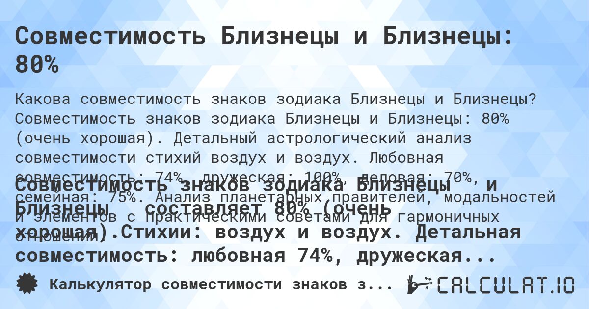Совместимость Близнецы и Близнецы: 80%. Совместимость знаков зодиака Близнецы и Близнецы: 80% (очень хорошая). Детальный астрологический анализ совместимости стихий воздух и воздух. Любовная совместимость: 74%, дружеская: 100%, деловая: 70%, семейная: 75%. Анализ планетарных правителей, модальностей и элементов с практическими советами для гармоничных отношений.