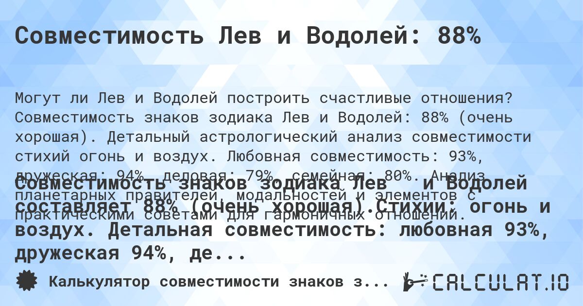 Совместимость Лев и Водолей: 88%. Совместимость знаков зодиака Лев и Водолей: 88% (очень хорошая). Детальный астрологический анализ совместимости стихий огонь и воздух. Любовная совместимость: 93%, дружеская: 94%, деловая: 79%, семейная: 80%. Анализ планетарных правителей, модальностей и элементов с практическими советами для гармоничных отношений.