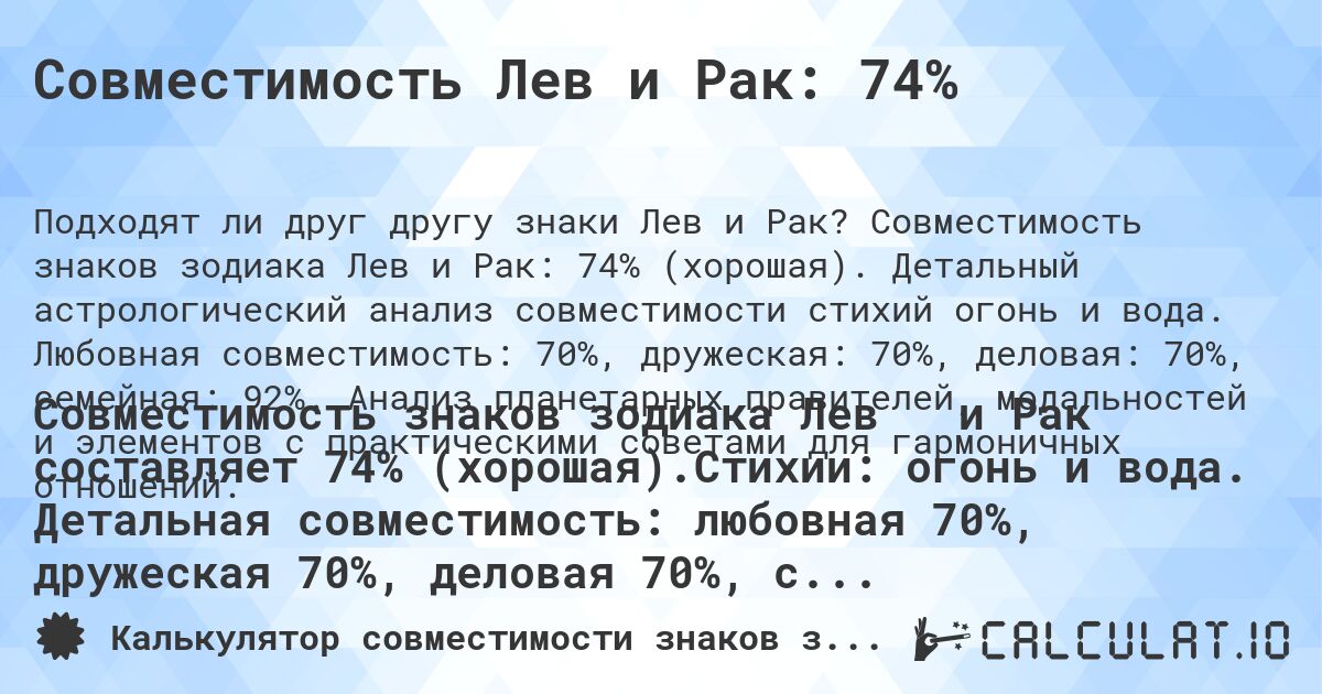 Совместимость Лев и Рак: 74%. Совместимость знаков зодиака Лев и Рак: 74% (хорошая). Детальный астрологический анализ совместимости стихий огонь и вода. Любовная совместимость: 70%, дружеская: 70%, деловая: 70%, семейная: 92%. Анализ планетарных правителей, модальностей и элементов с практическими советами для гармоничных отношений.
