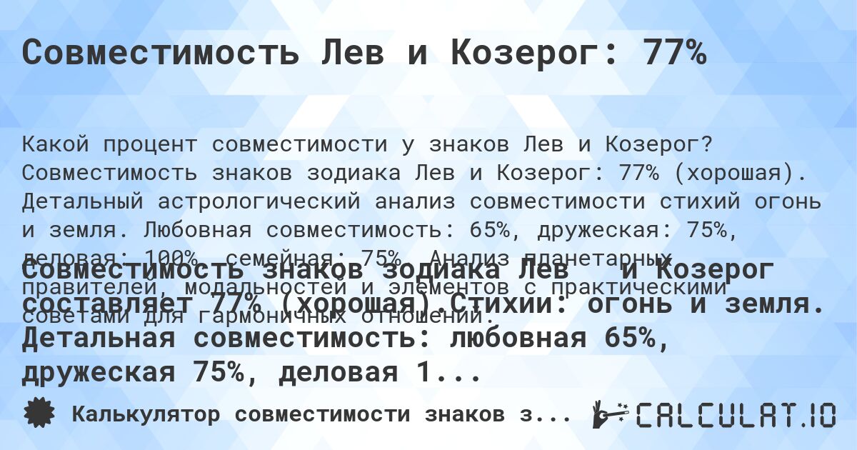 Совместимость Лев и Козерог: 77%. Совместимость знаков зодиака Лев и Козерог: 77% (хорошая). Детальный астрологический анализ совместимости стихий огонь и земля. Любовная совместимость: 65%, дружеская: 75%, деловая: 100%, семейная: 75%. Анализ планетарных правителей, модальностей и элементов с практическими советами для гармоничных отношений.