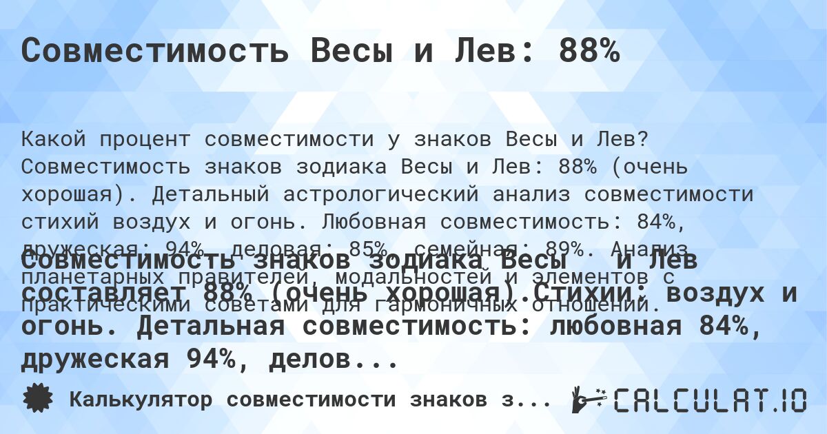 Совместимость Весы и Лев: 88%. Совместимость знаков зодиака Весы и Лев: 88% (очень хорошая). Детальный астрологический анализ совместимости стихий воздух и огонь. Любовная совместимость: 84%, дружеская: 94%, деловая: 85%, семейная: 89%. Анализ планетарных правителей, модальностей и элементов с практическими советами для гармоничных отношений.