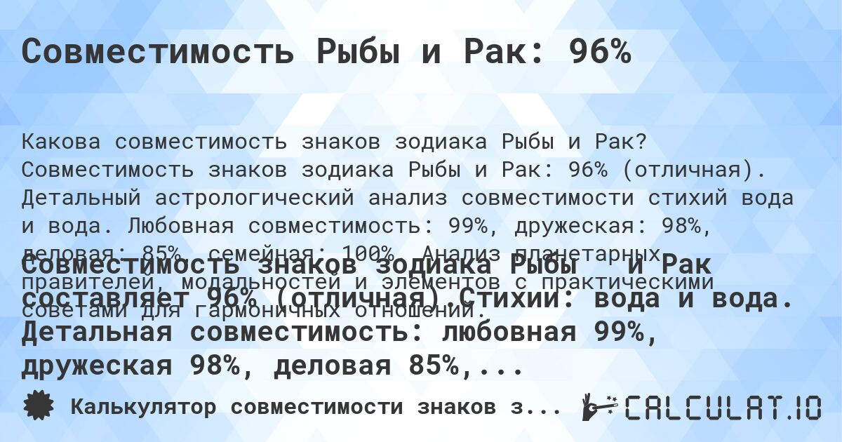Совместимость Рыбы и Рак: 96%. Совместимость знаков зодиака Рыбы и Рак: 96% (отличная). Детальный астрологический анализ совместимости стихий вода и вода. Любовная совместимость: 99%, дружеская: 98%, деловая: 85%, семейная: 100%. Анализ планетарных правителей, модальностей и элементов с практическими советами для гармоничных отношений.