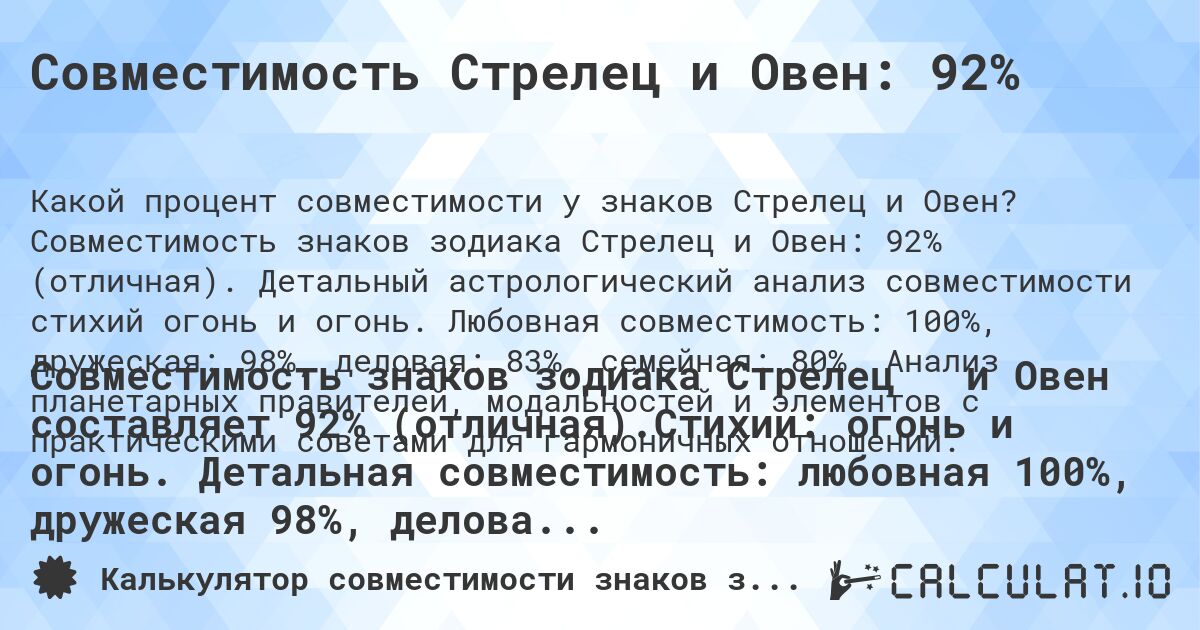 Совместимость Стрелец и Овен: 92%. Совместимость знаков зодиака Стрелец и Овен: 92% (отличная). Детальный астрологический анализ совместимости стихий огонь и огонь. Любовная совместимость: 100%, дружеская: 98%, деловая: 83%, семейная: 80%. Анализ планетарных правителей, модальностей и элементов с практическими советами для гармоничных отношений.